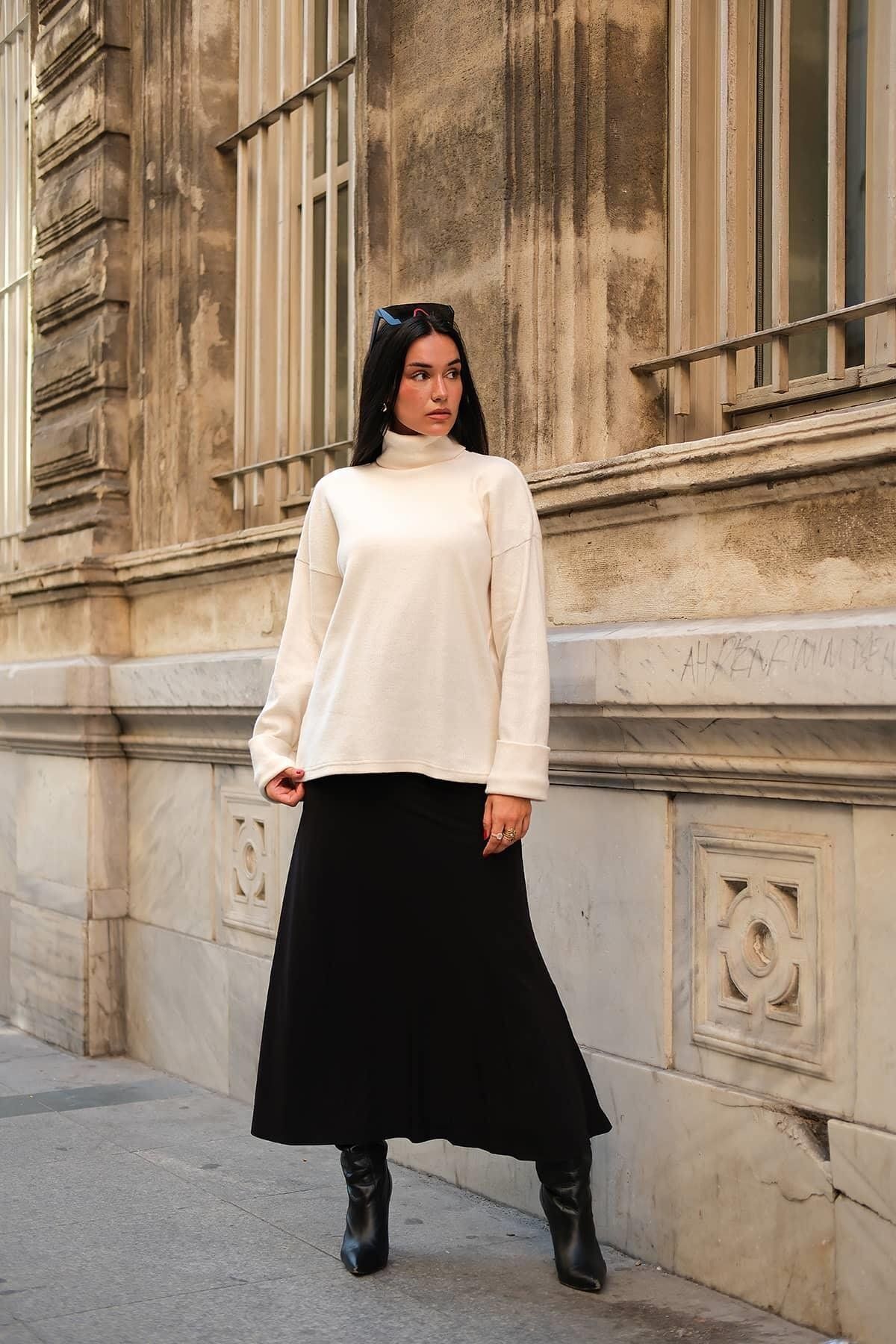 FOR YOU MODA-Sleeve Detailed Turtleneck Turtleneck Ecru Blouse 3