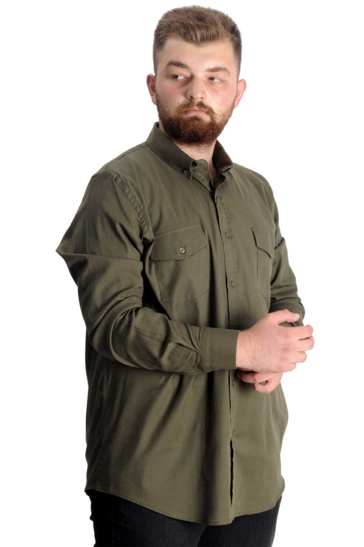 ModeXL Mode XL Erkek Gömlek UKol Gabardin Çift Cep 20360 Haki görsel 4