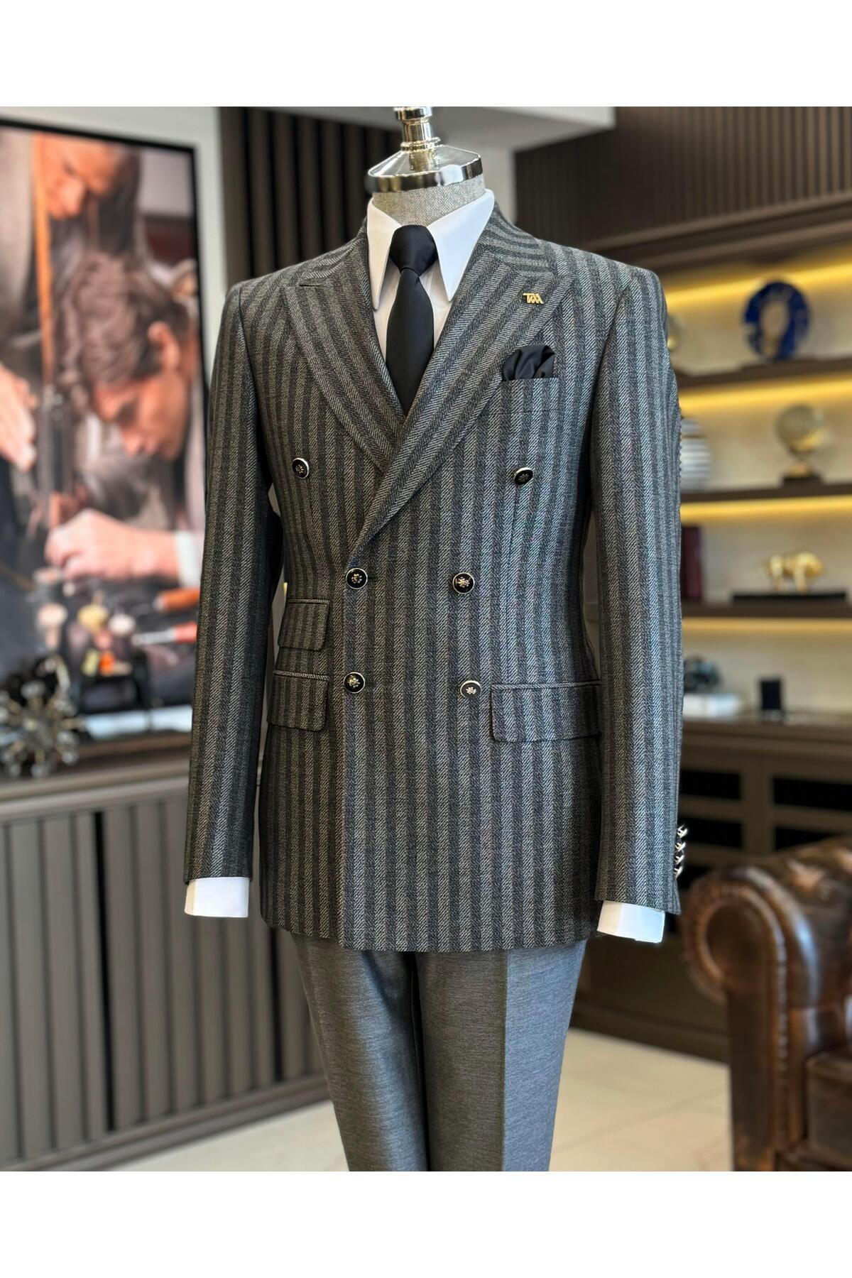 TerziAdemAltun İtalyan stil slim fit erkek çizgili kruvaze ceket pantolon takım elbise siyah T12983