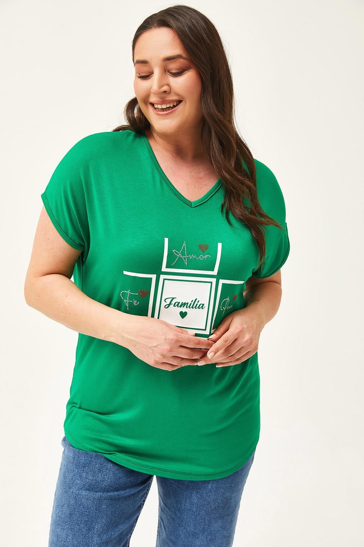 Ebsumu-Women's Plus Size Familia Printed Green Blouse 5