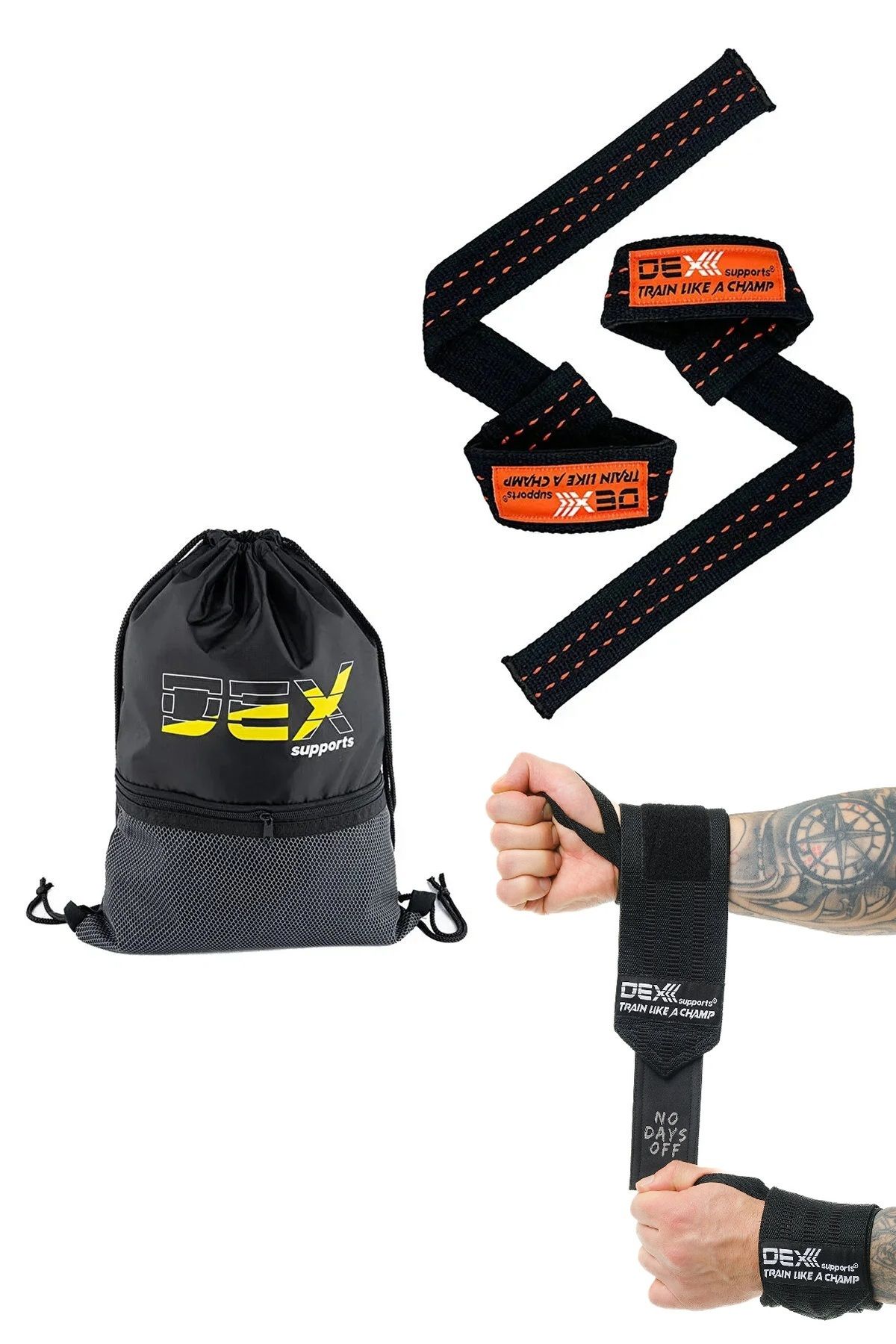 Dex Supports Sporcu Bilekliği Wrist Wraps Legend + Lifting Straps Pro Turuncu + Sackpack 3'lü Paket