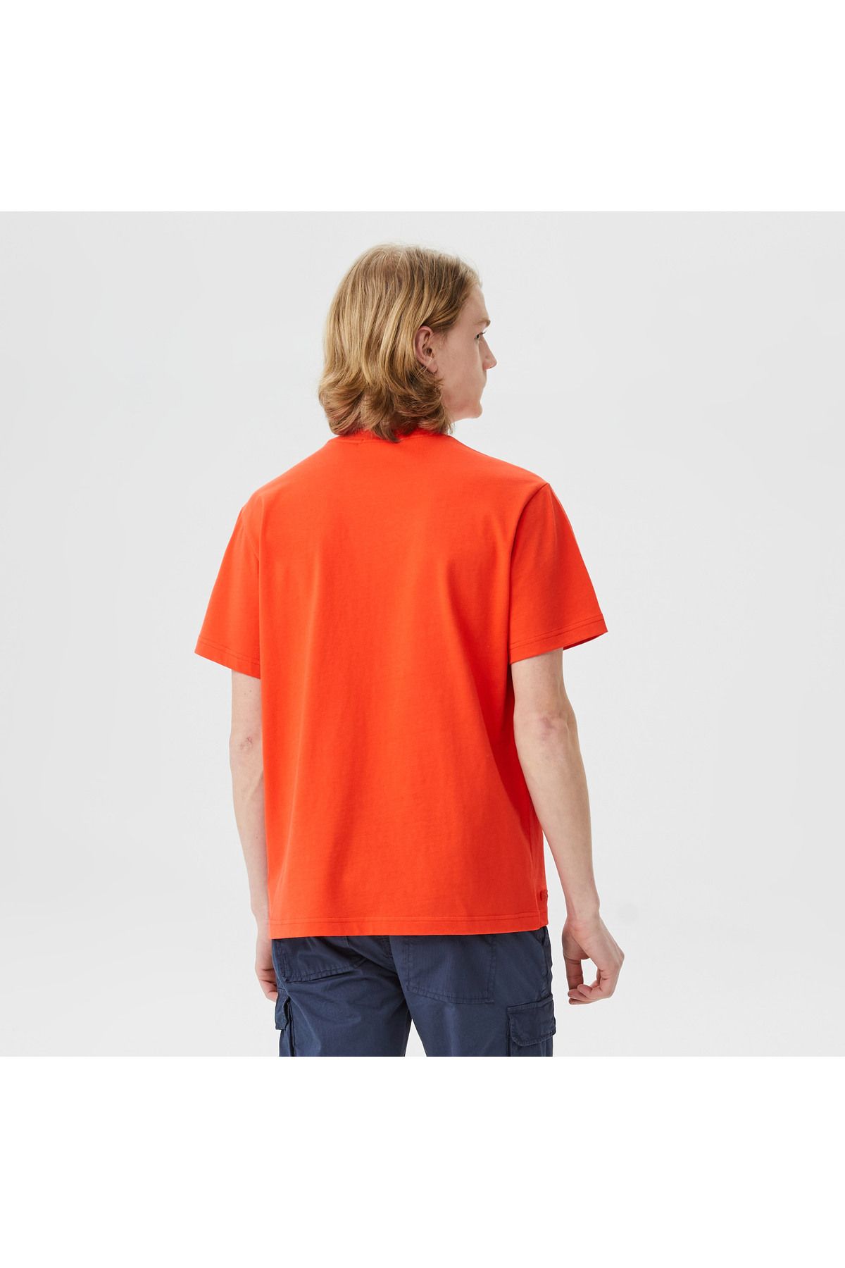 تی شرت نارنجی مردانه یقه دوچرخه تناسب پیراهن طرح دار Lacoste
