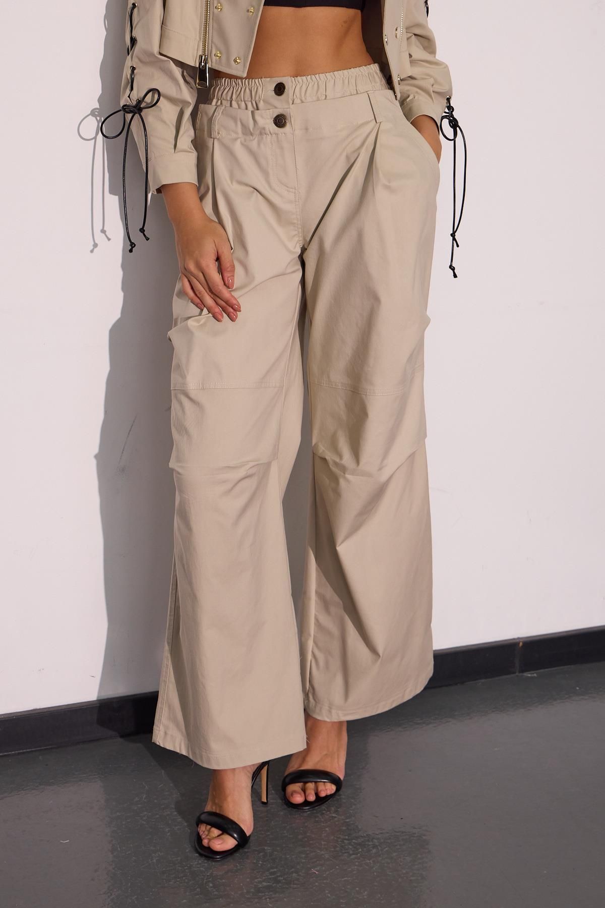 NOK İSTANBUL-Urban Luxe Stone Colored Loose Trousers with Waist Detail 3