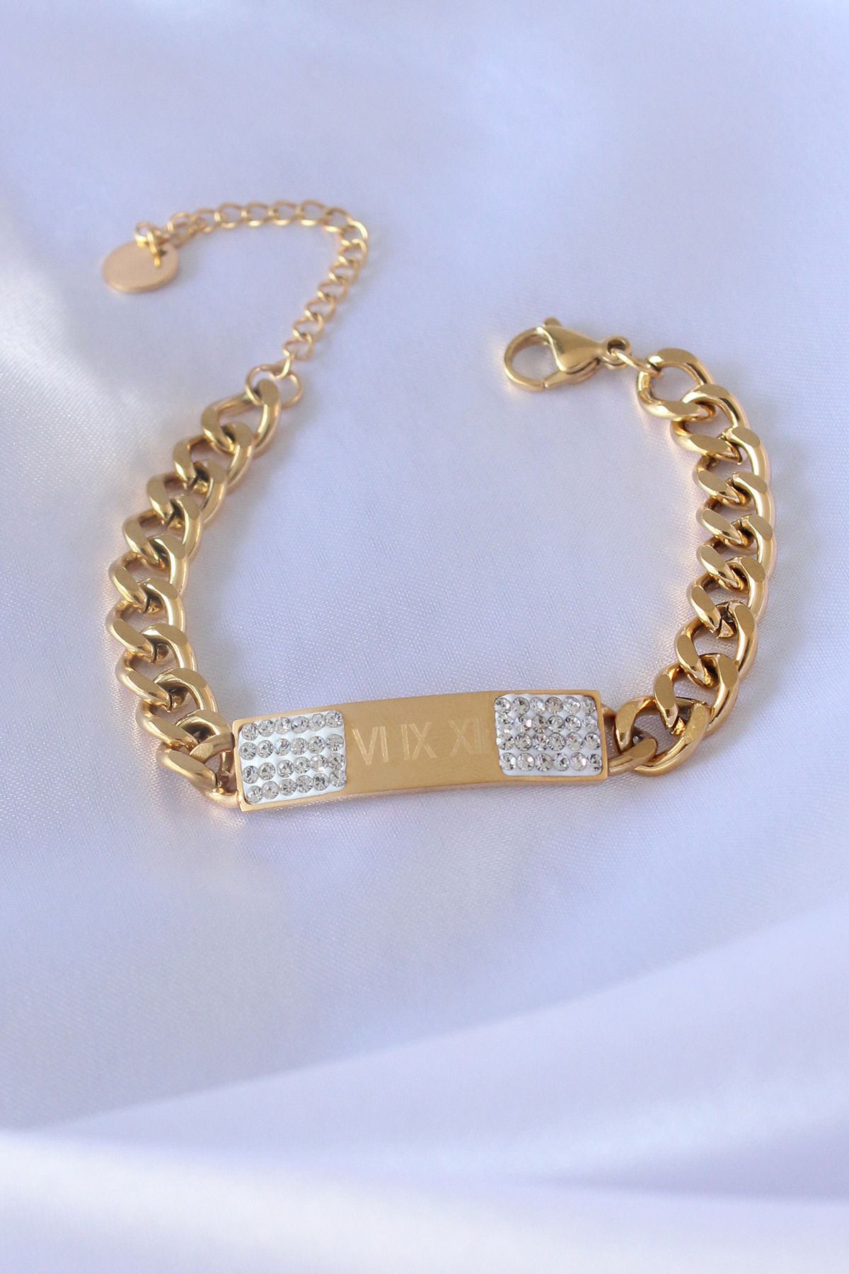 Evinso 316L Çelik Gold Renk Zincir Model İşleme Detay Zirkon Taşlı Kadın Bileklik