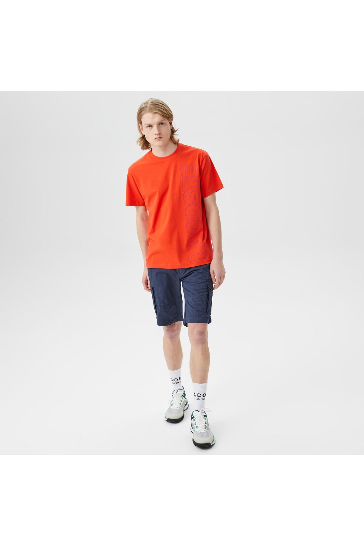 تی شرت نارنجی مردانه یقه دوچرخه تناسب پیراهن طرح دار Lacoste