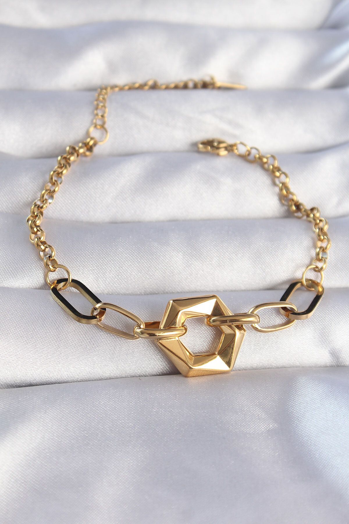 Mu Art Ahşap 316L Çelik Gold Renk Geometrik Model Zincir Bileklik