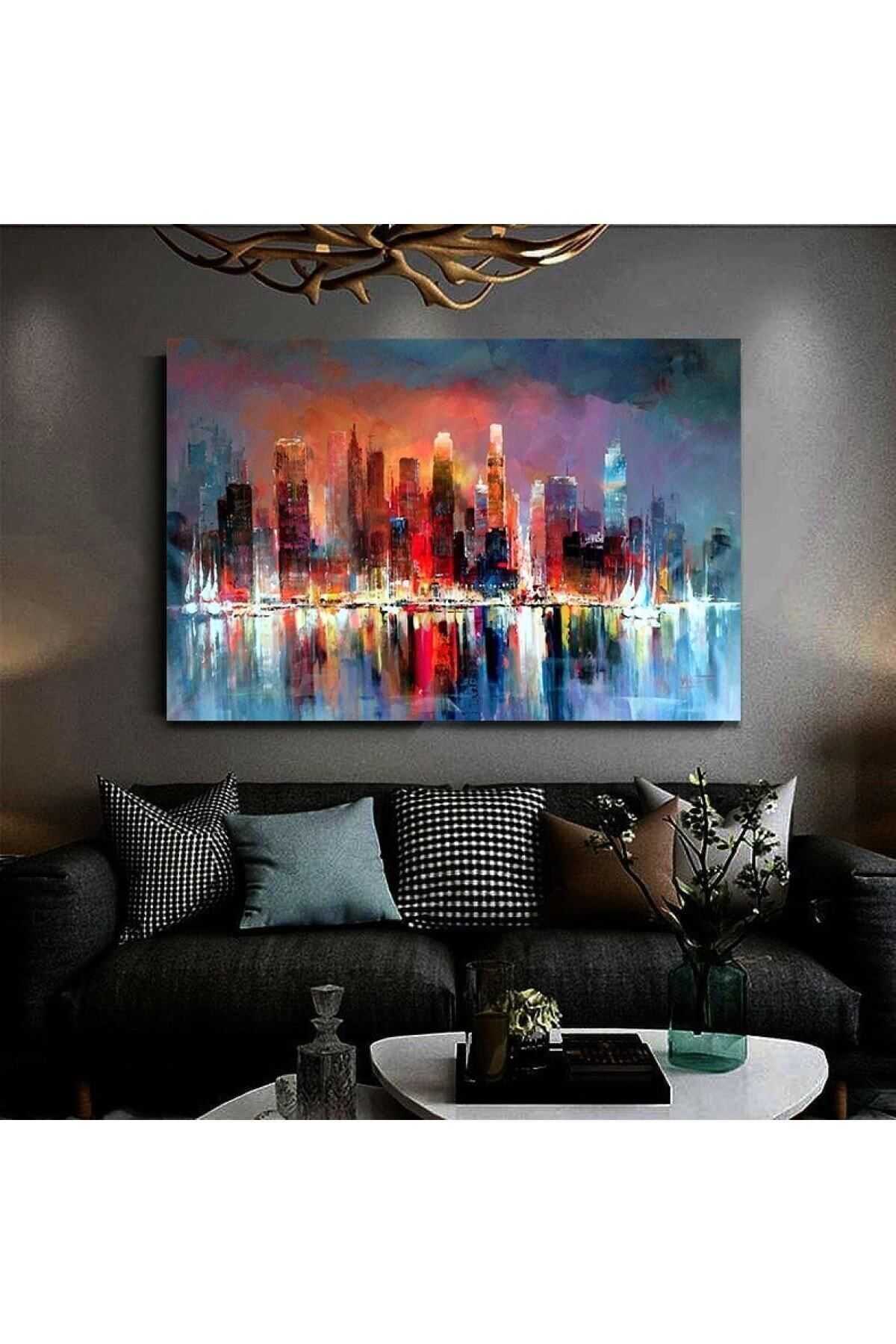 Vividale Resimli Tablo Yağlı Boya Görünümlü Soyut Şehir Modelli Kanvas Tablo Modelu11