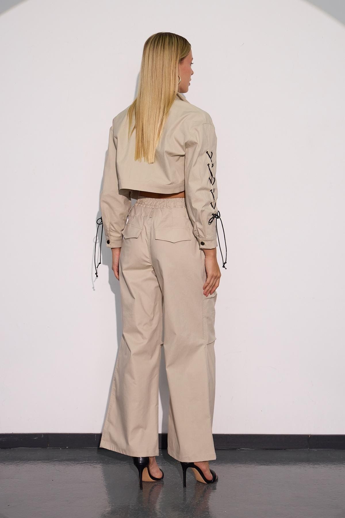 NOK İSTANBUL-Urban Luxe Stone Colored Loose Trousers with Waist Detail 5