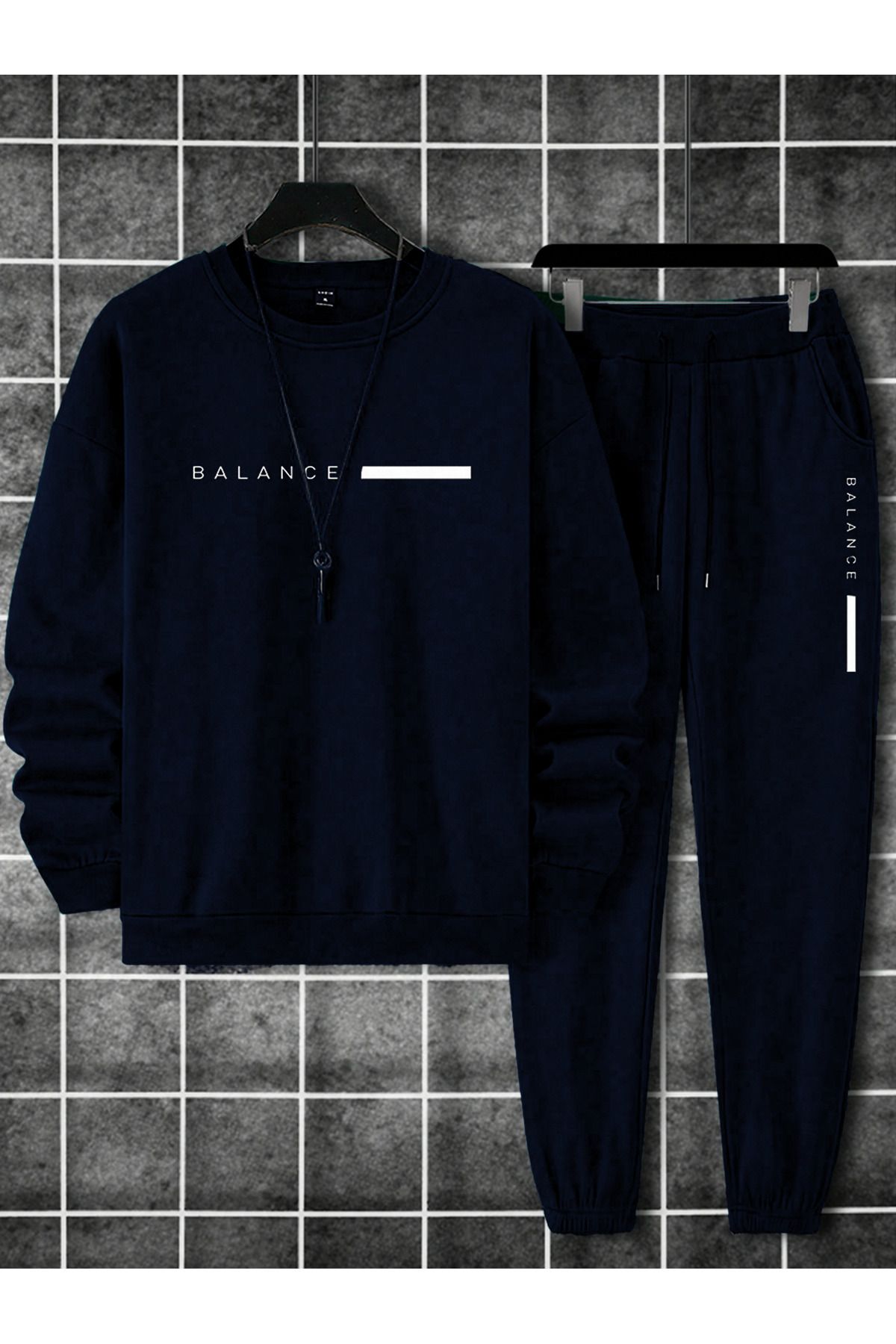 FoxSkin Sportswear&Company Balance Sweatshirt Eşofman Altı Jogger - Lacivert Baskılı Eşofman Takımı Bisiklet Yaka