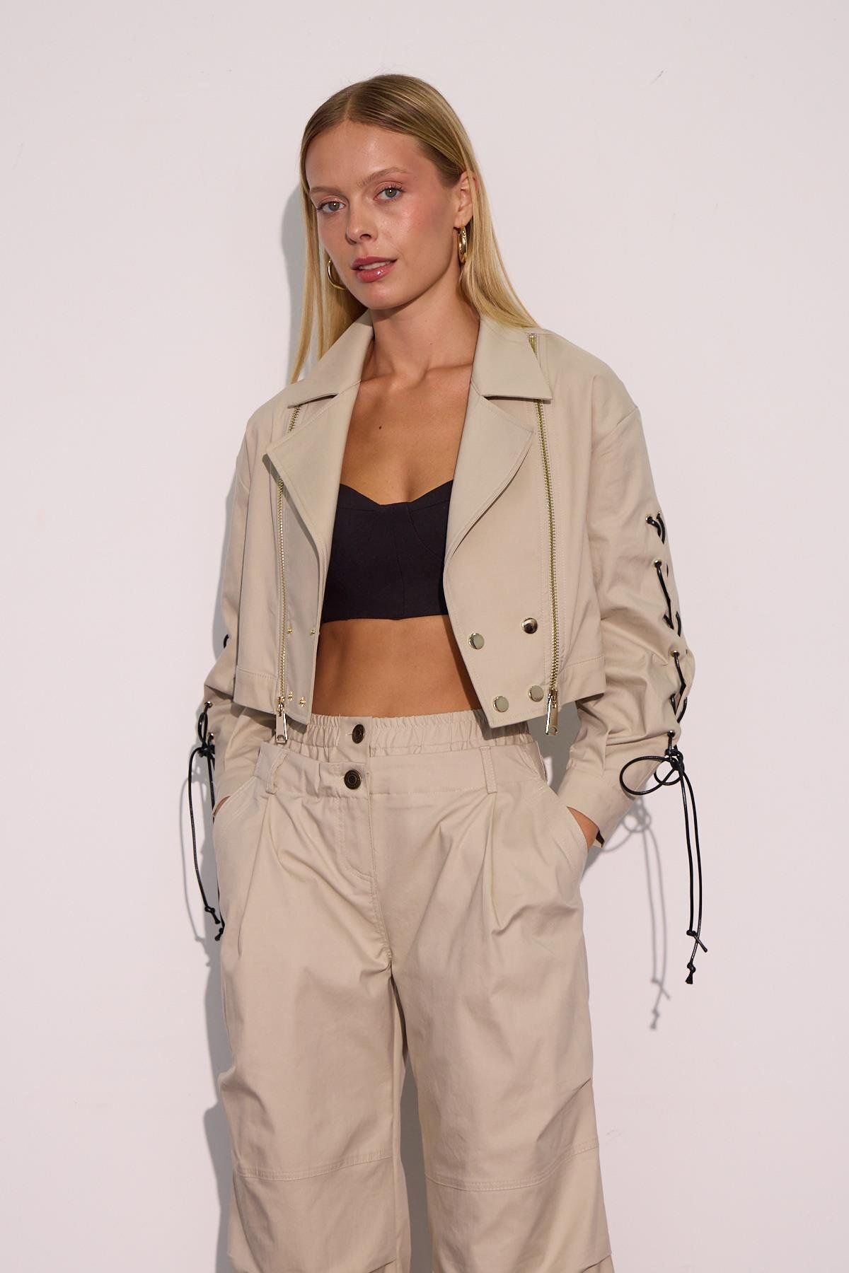 NOK İSTANBUL-Urban Luxe Stone Colored Loose Trousers with Waist Detail 2