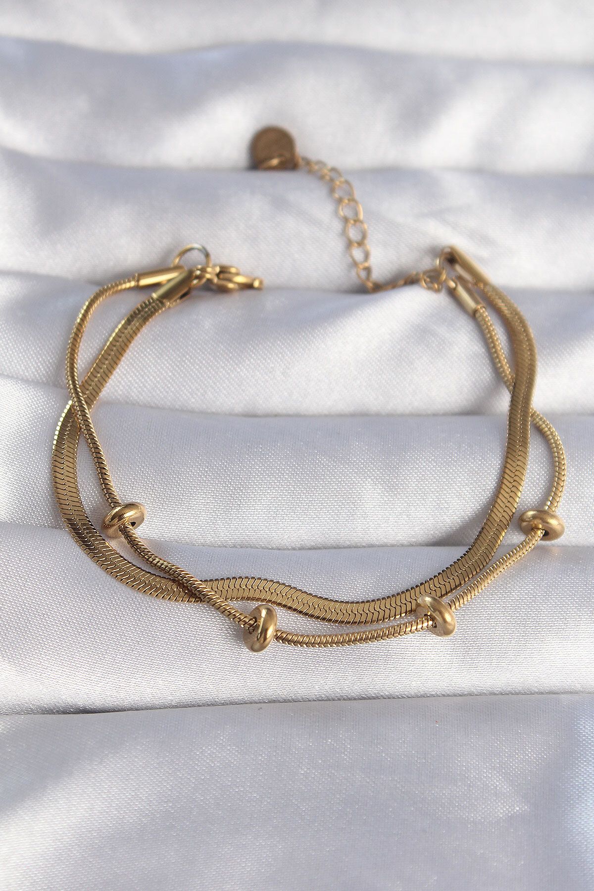 Mu Art Ahşap 316L Çelik Gold Renk İtalyan Çift Zincirli Bileklik