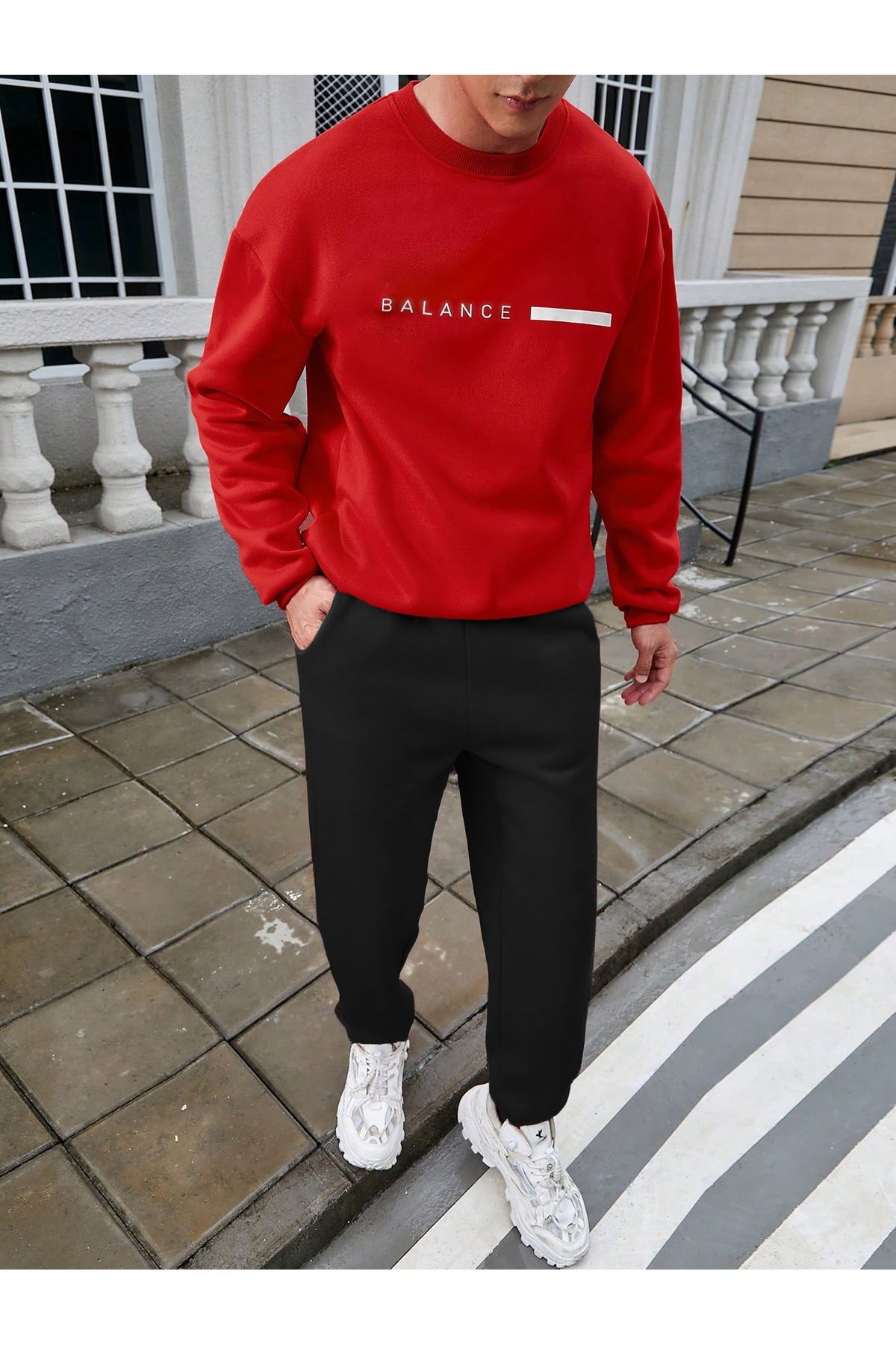 FoxSkin Sportswear&Company Balance Sweatshirt Eşofman Altı Jogger - Kırmızı Siyah Baskılı Eşofman Takımı Bisiklet Yaka