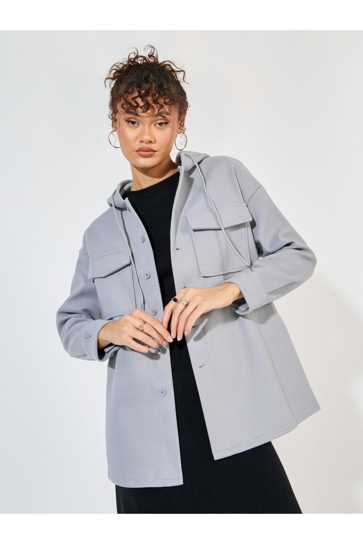 Styli-Oversized Longline Wool Like Shacket with Hood 1