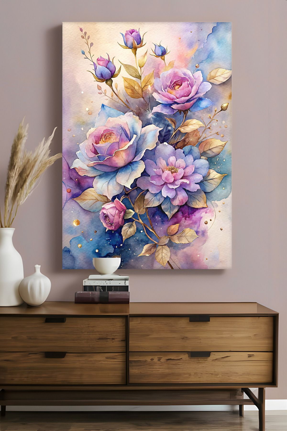 Vividale Mor & Mavi Gold Detaylı Çiçek Kanvas Tablo - Duvar Tablosu - Canvas Tablo - Duvar Dekorasyonu