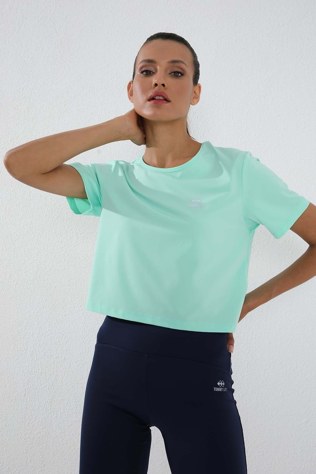 TOMMY LIFE-Mint Green O Neck Women's Crop Top - Short Sleeve, Standard Fit - 97143 3