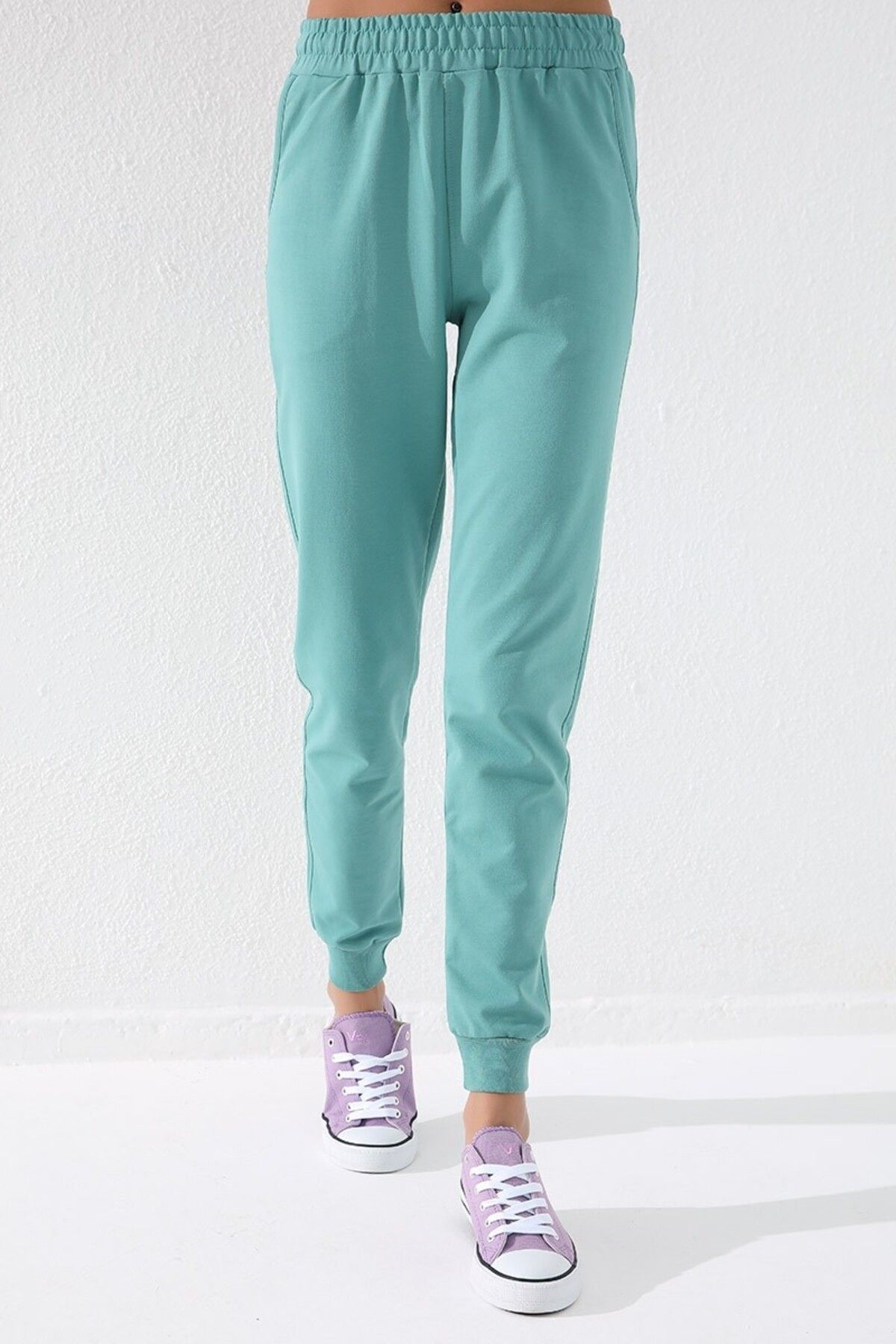 TOMMY LIFE-Mint Green High Waist Jogger Comfortable Form Cuffed Women's Tracksuit Bottom - 94561 2