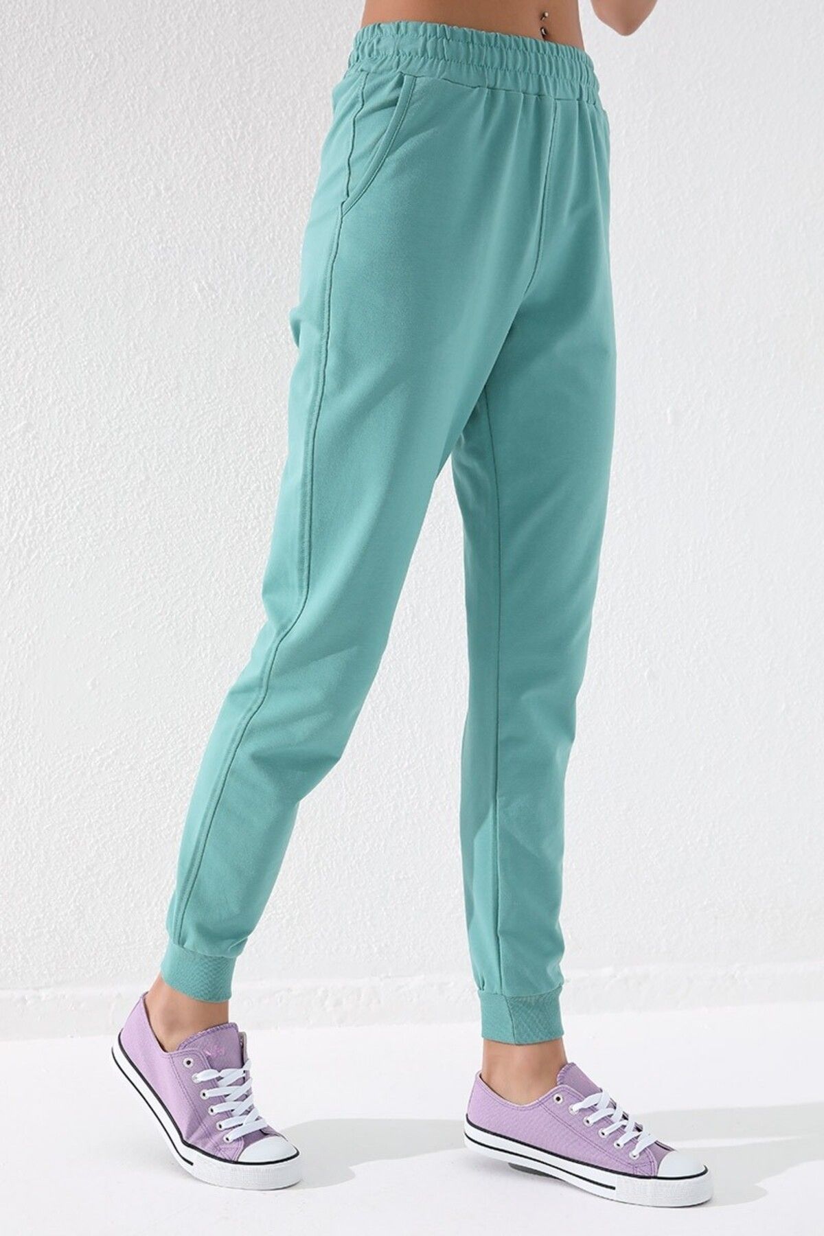 TOMMY LIFE-Mint Green High Waist Jogger Comfortable Form Cuffed Women's Tracksuit Bottom - 94561 4