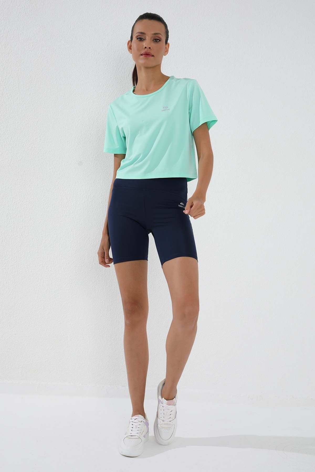 TOMMY LIFE-Mint Green O Neck Women's Crop Top - Short Sleeve, Standard Fit - 97143 2