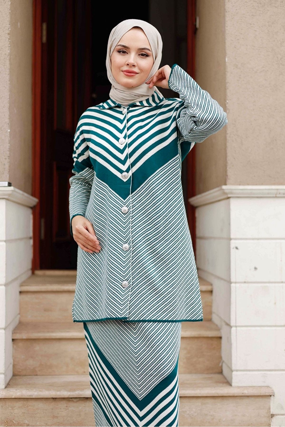 Bestenur-Emerald Green Striped Knitwear Skirt and Cardigan Set - 1223 5