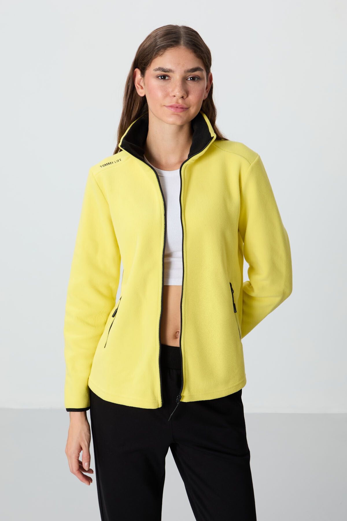 TOMMY LIFE-Lemon High Collar Zippered Comfortable Form Women's Fleece Sweatshirt - 97173 3