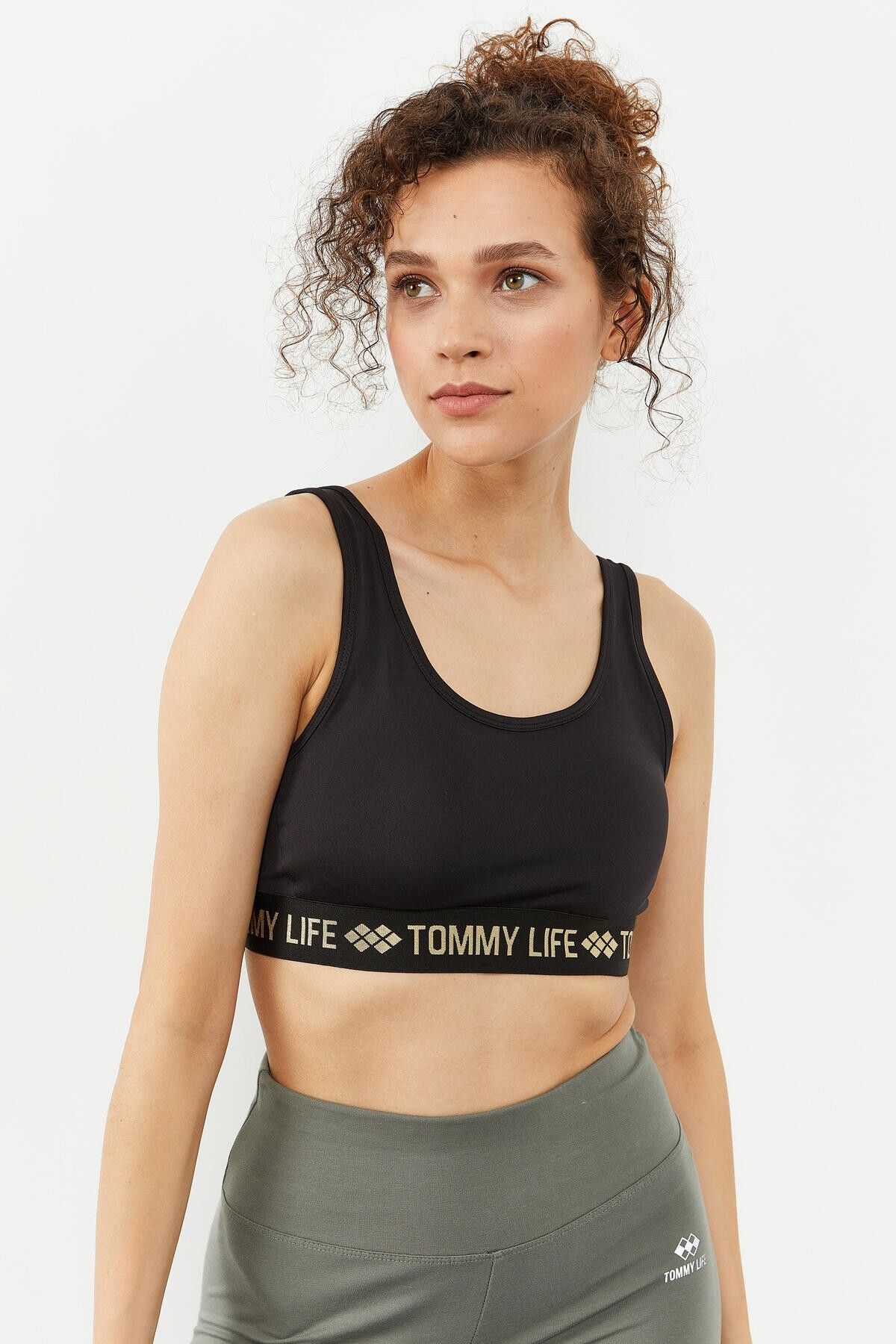 TOMMY LIFE-Black - Gold Text Striped Standard Mold U-Neck Women's Sports Bustier - 97113 5