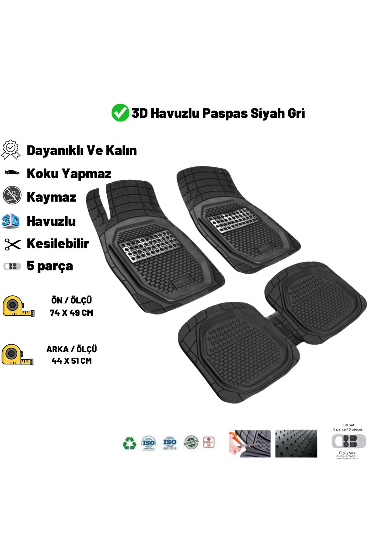 rktech Dacia Sandero Stepway 2024 UNIVERSAL Kaymaz Taban 3D Havuzlu Paspas Seti Siyah Karbon Gri