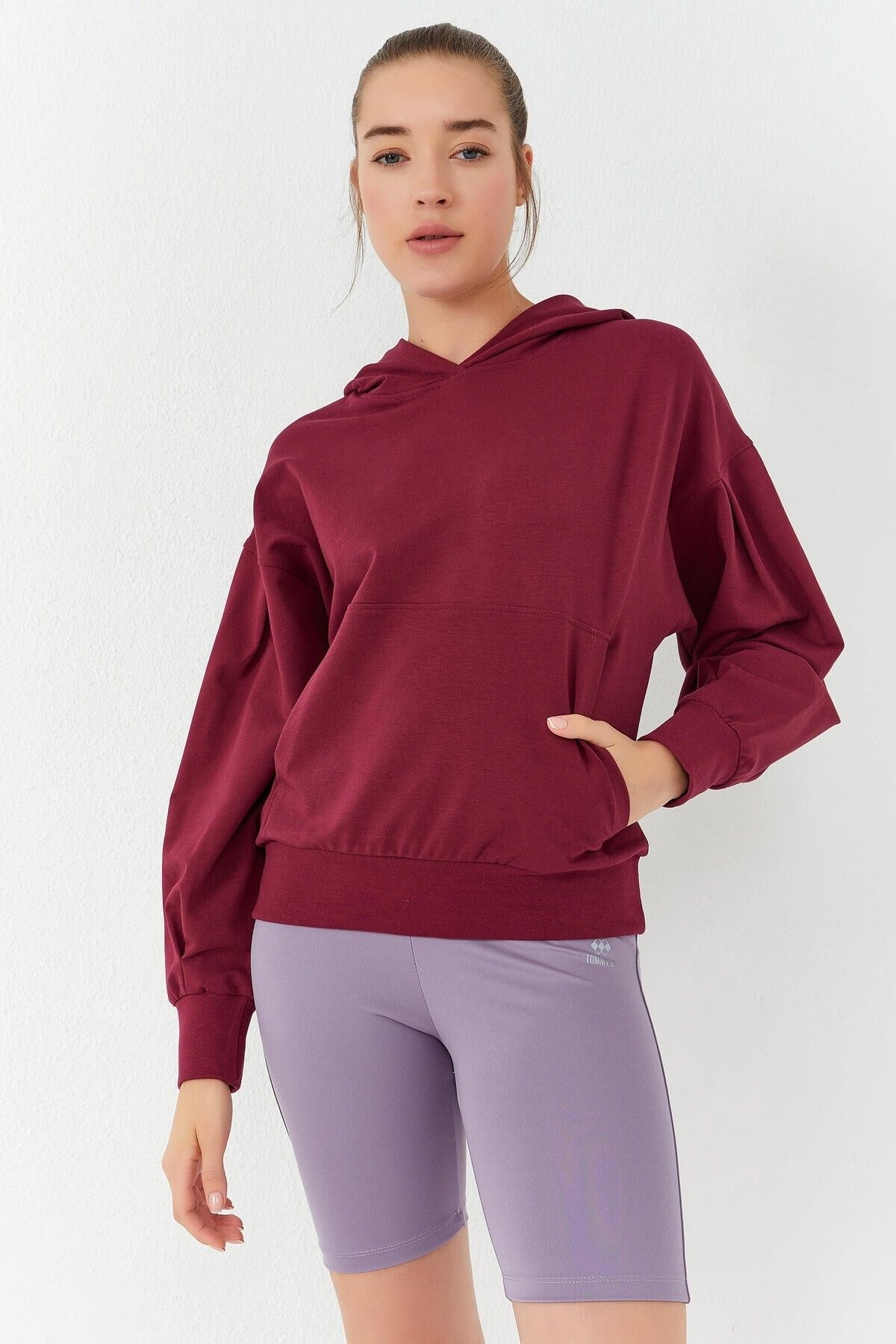 TOMMY LIFE-Redbud Balloon Sleeve Hooded Women's Oversize Sweatshirt - 97156 1