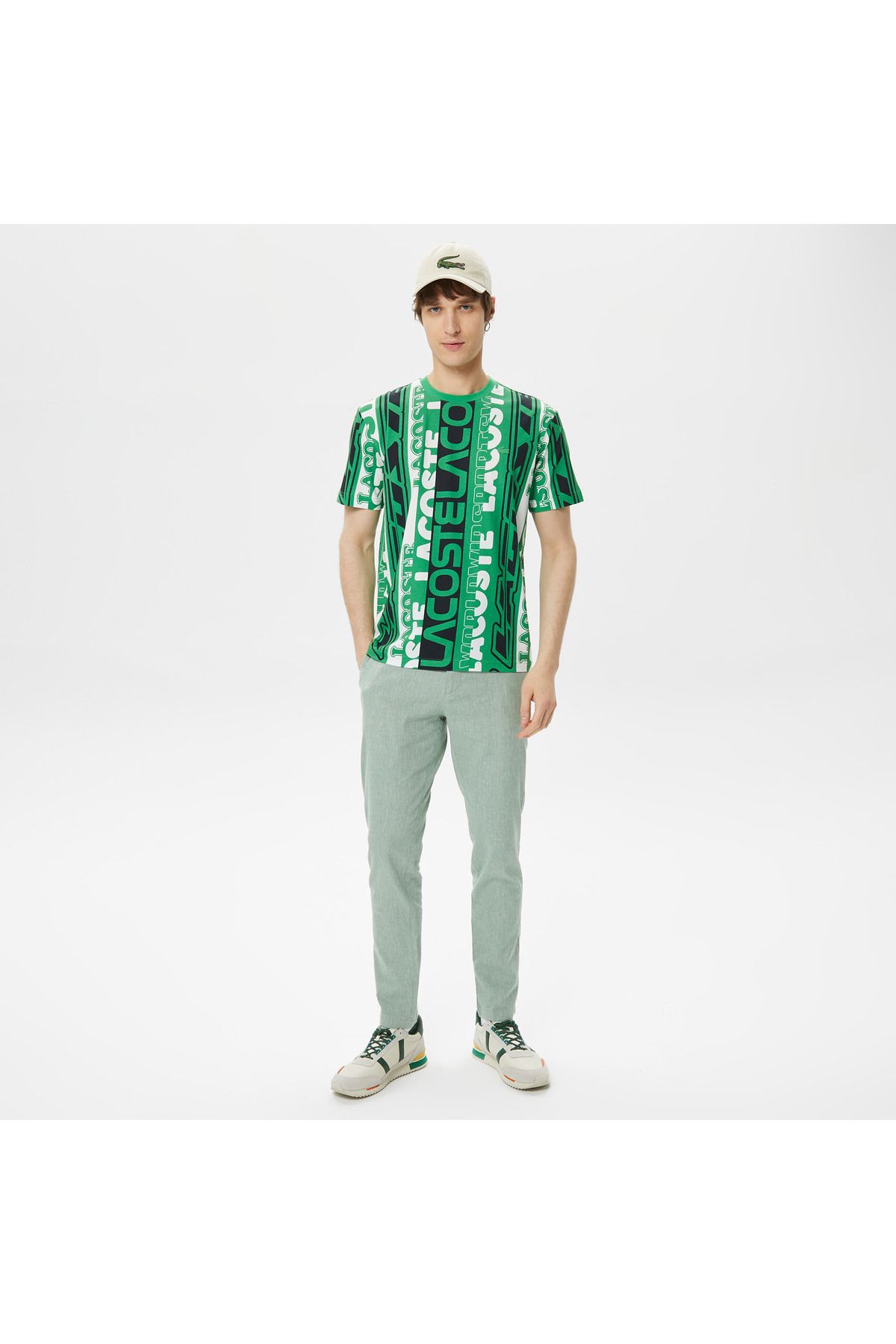 تی شرت سبز مردانه یقه دوچرخه مناسب طرح دار Lacoste