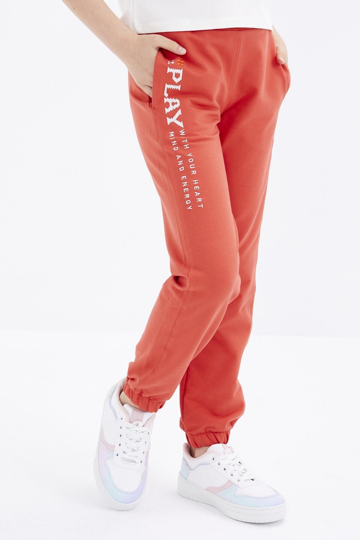 TOMMY LIFE-Orange Text Embroidered Lace Up Standard Mold Elastic Leg Girl's Tracksuit Bottom - 75051 2