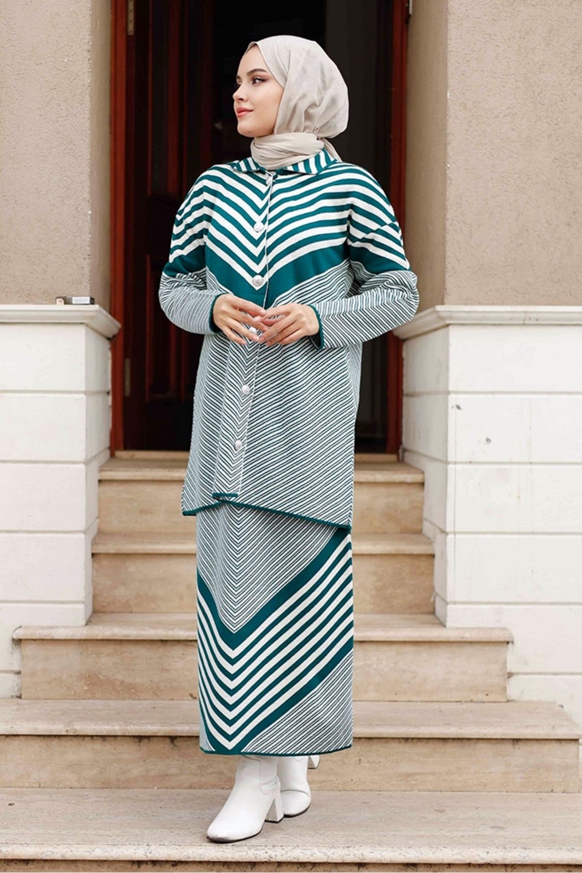 Bestenur-Emerald Green Striped Knitwear Skirt and Cardigan Set - 1223 4