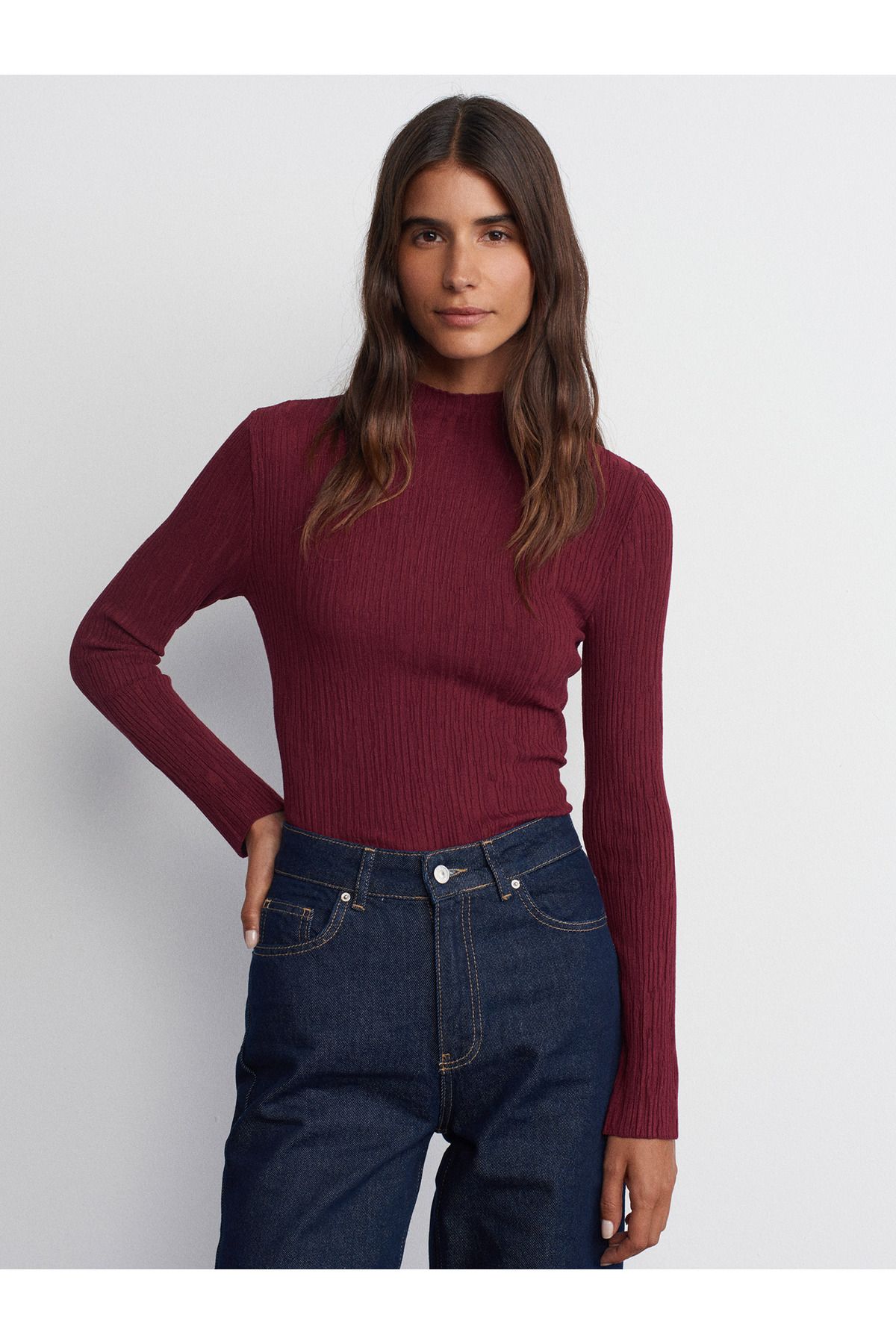 Dilvin-10631 Stand Collar Thin Textured Knitwear Sweater-Burgundy 1