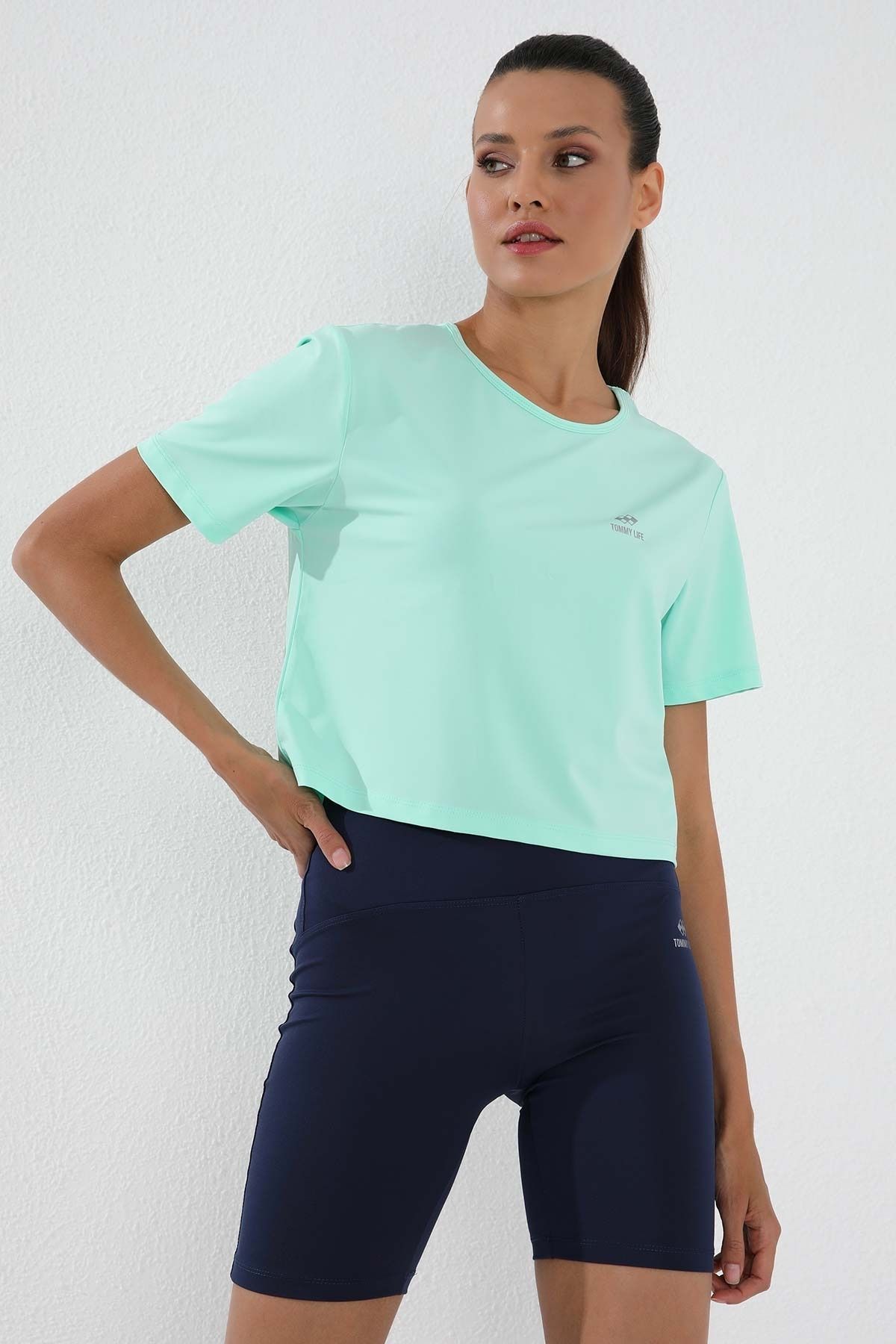 TOMMY LIFE-Mint Green O Neck Women's Crop Top - Short Sleeve, Standard Fit - 97143 5