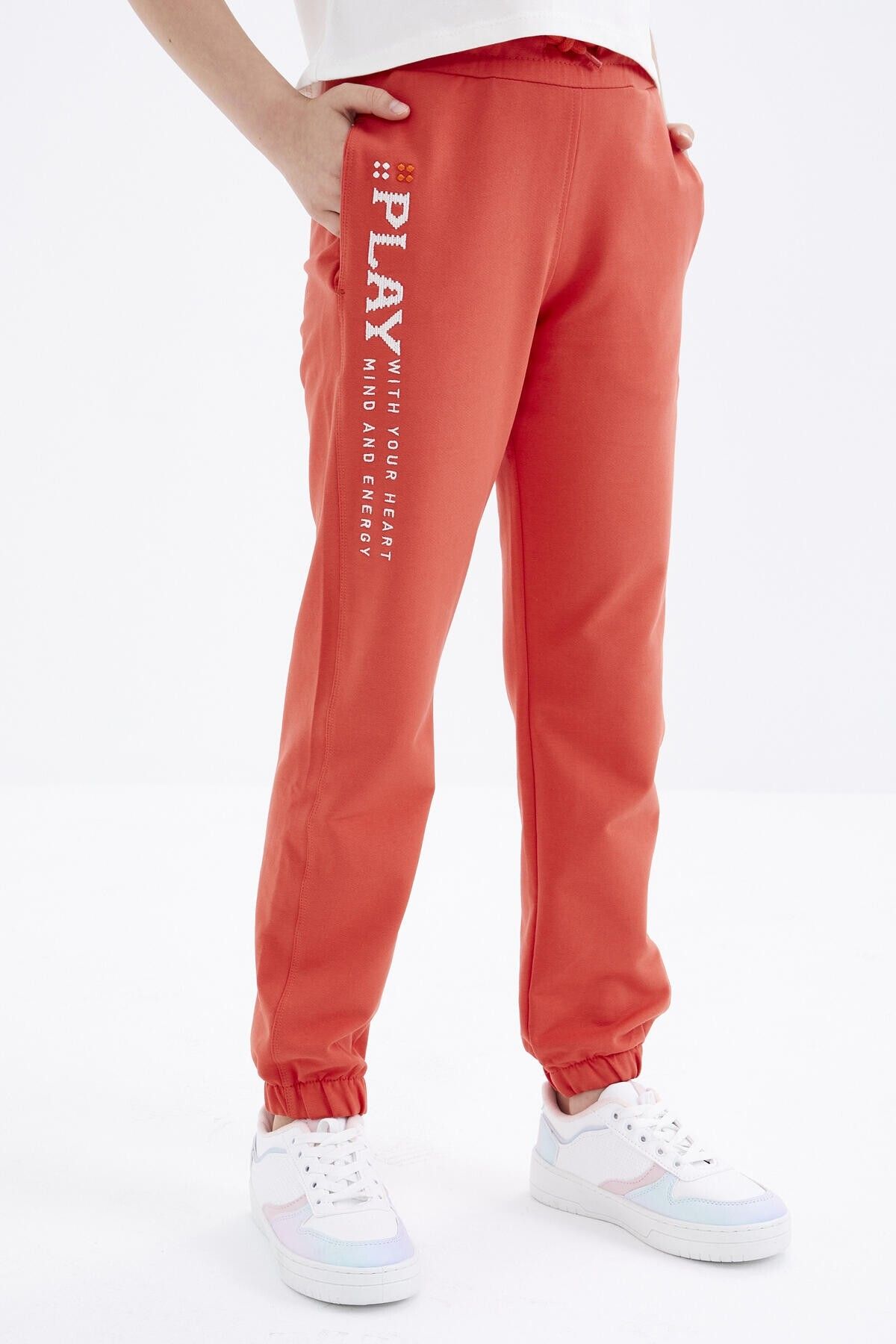 TOMMY LIFE-Orange Text Embroidered Lace Up Standard Mold Elastic Leg Girl's Tracksuit Bottom - 75051 4