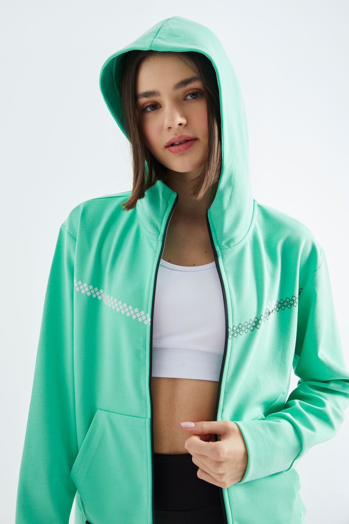 TOMMY LIFE-Water Green Hooded Zippered Women's Sweatshirt - 97277 5