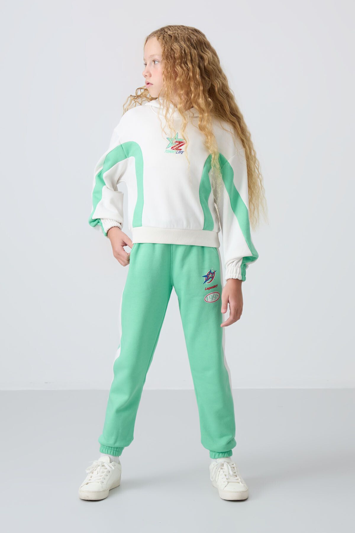 TOMMY LIFE-Water Green Cotton Girl's Tracksuit Set - Furry Inside, Soft Texture, Printed - 75166 1