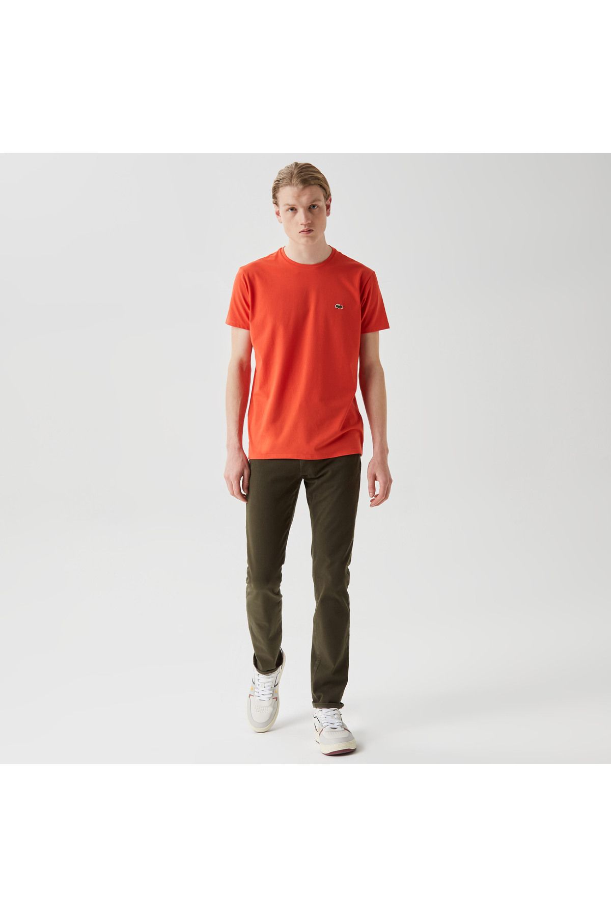 تی شرت قرمز مردانه یقه دوچرخه باریک Lacoste