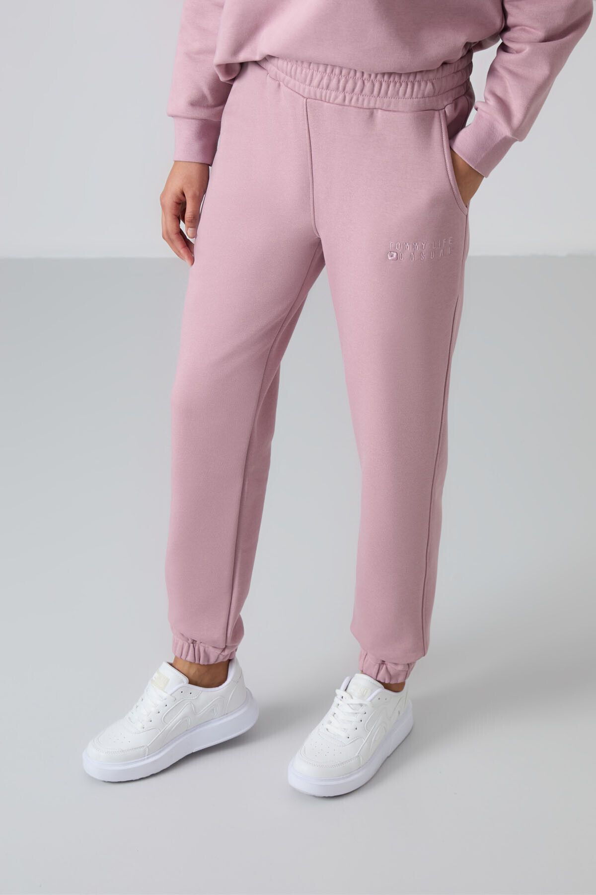 TOMMY LIFE-Dried Rose O-Neck Oversize Women's Tracksuit Set - Rubber Leg - 95287 3