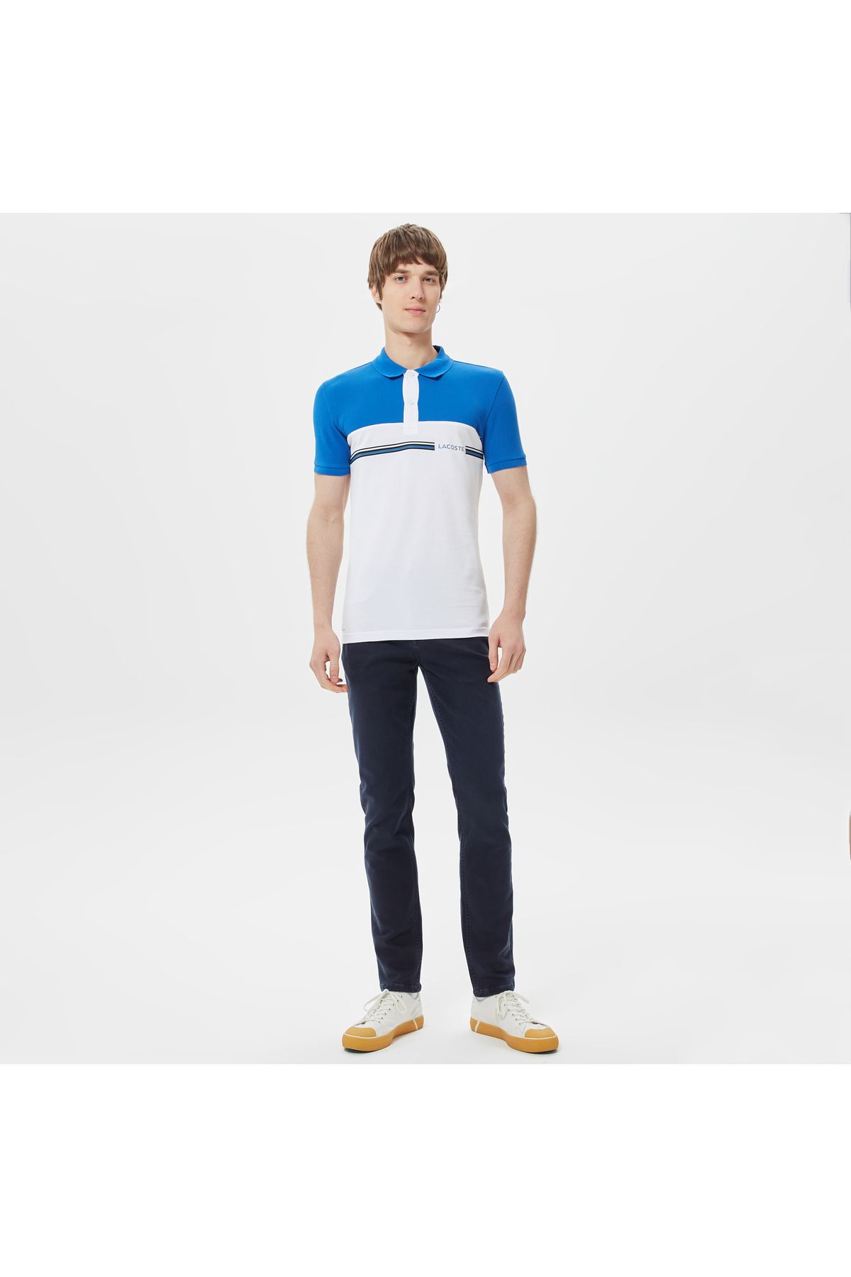 تی شرت یقه پولو آبی مردانه بلوک رنگی باریک چوگان Lacoste