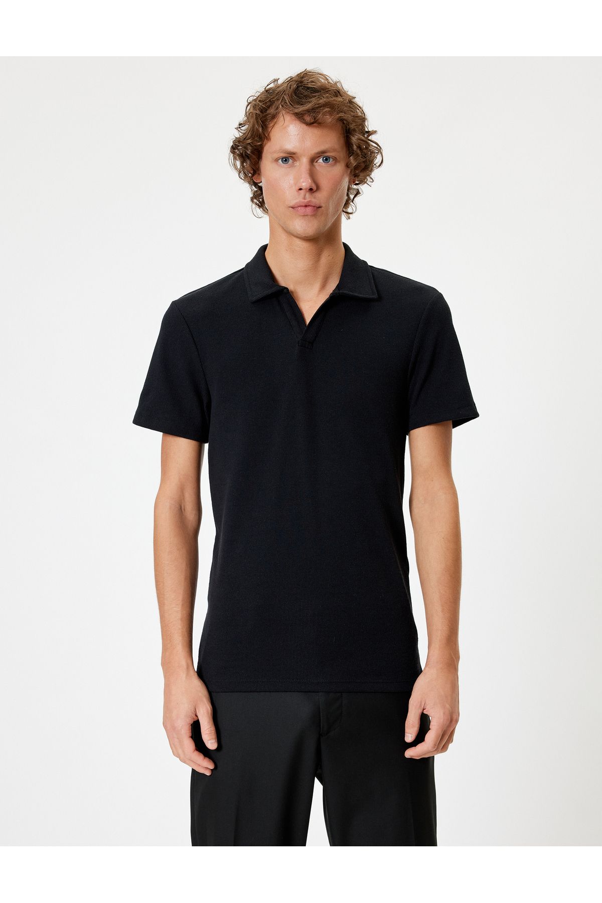 تی شرت یقه پولو مشکی مردانه POLO YAKA T SLIM FIT پنبه آستین کوتاه Koton