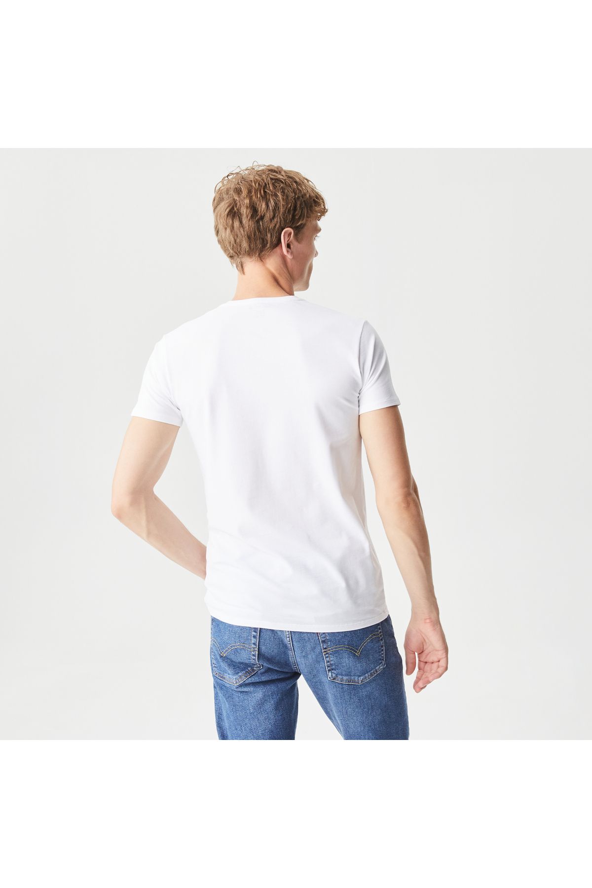 تی شرت سفید مردانه V گردن باریک Lacoste