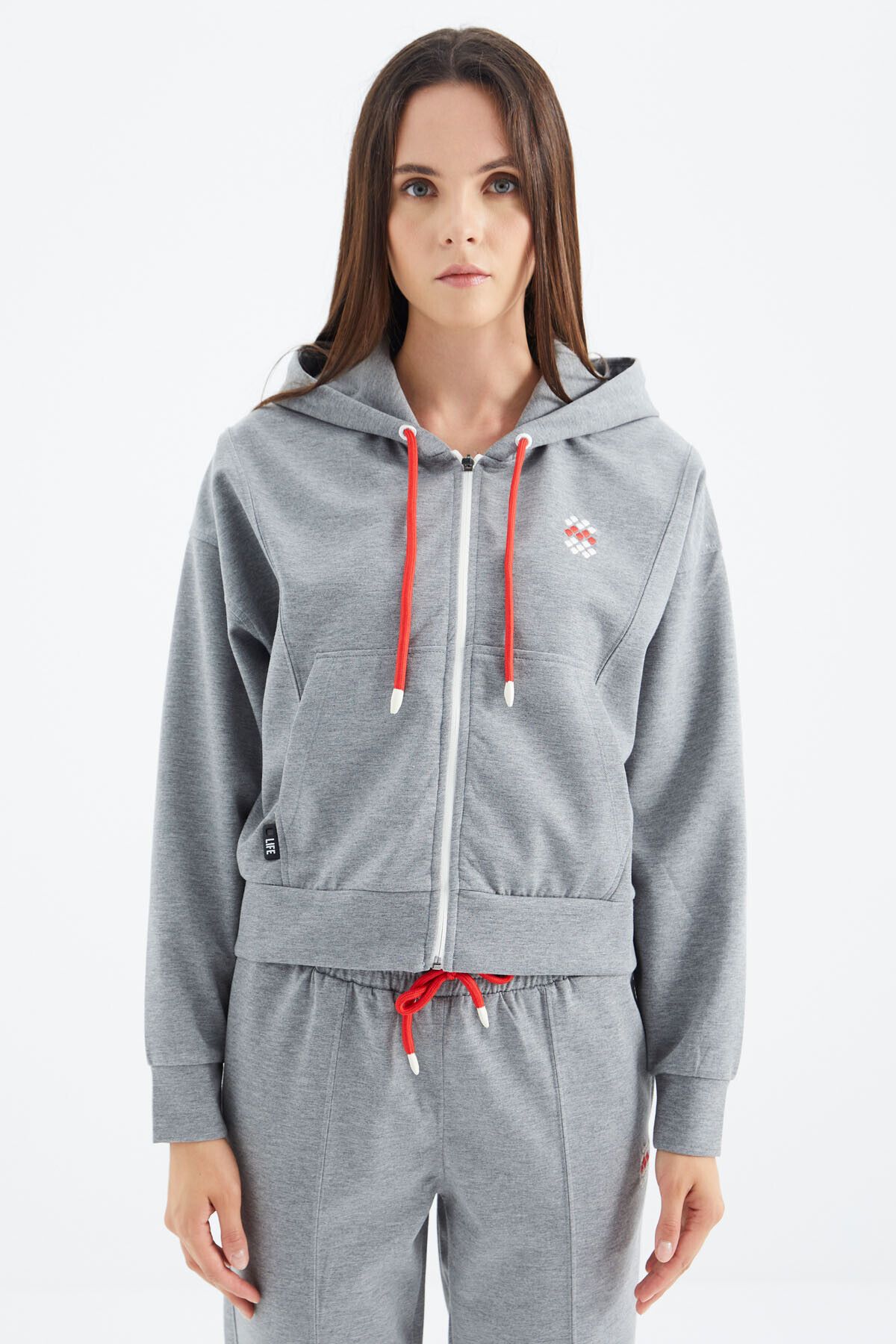 TOMMY LIFE-Oversize Gray Melange Women's Tracksuit Set - Hooded, Zippered and Pocket Detailed - 95322 5