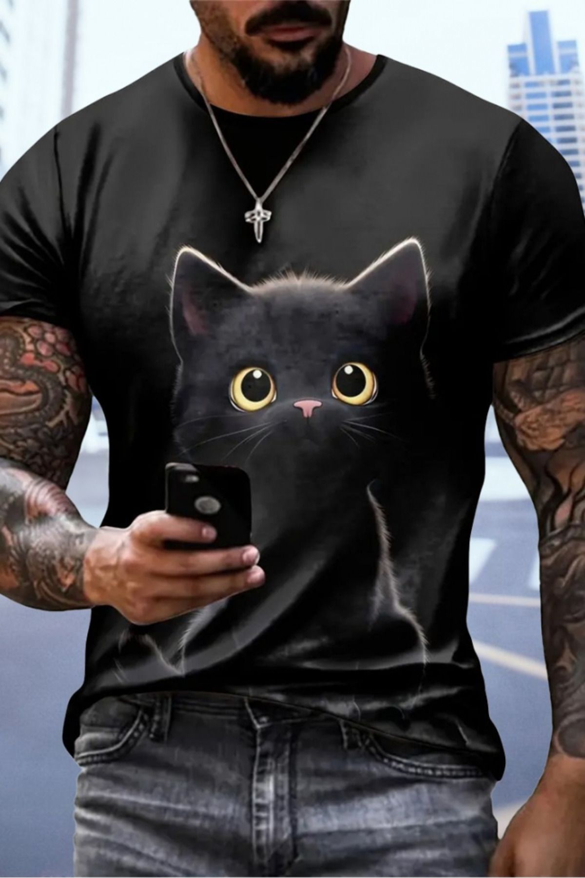 Lunaross Erkek Bisiklet Yaka Kedi Baskılı Süprem T-shirt