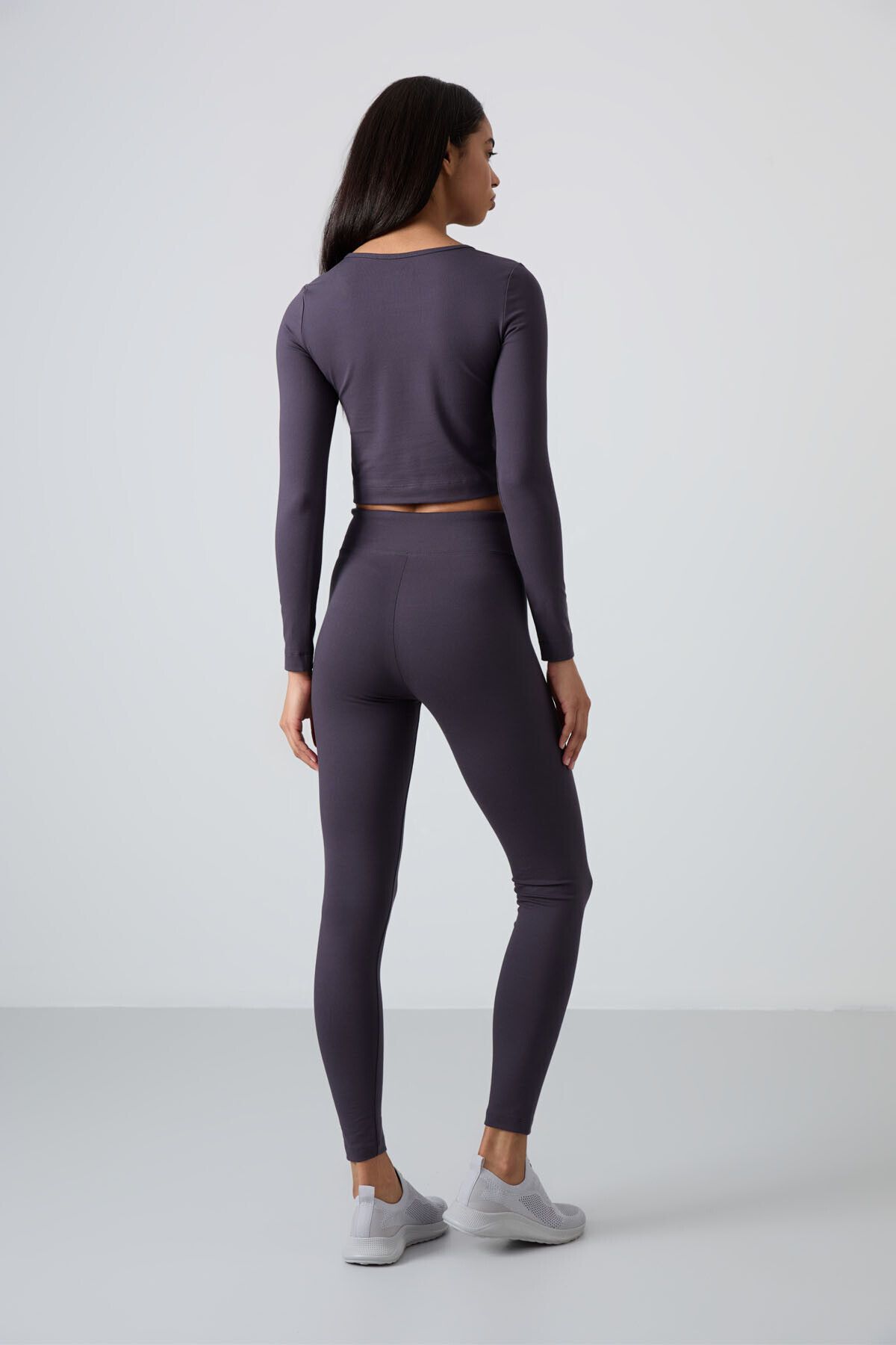 TOMMY LIFE-High Waist Anthracite Slim Fit Crop Top and Leggings Set - Long Sleeve - 95286 8