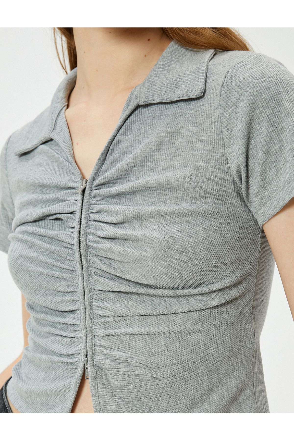 Koton-Ribbed Draped Polo Collar T-Shirt - Zippered 5