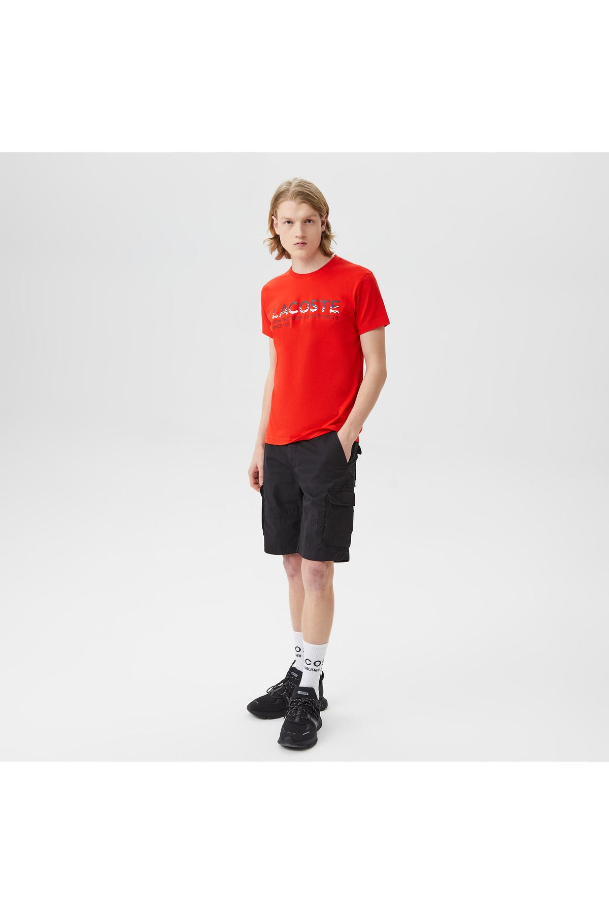 تی شرت قرمز مردانه یقه دوچرخه مناسب پیراهن طرح دار Lacoste