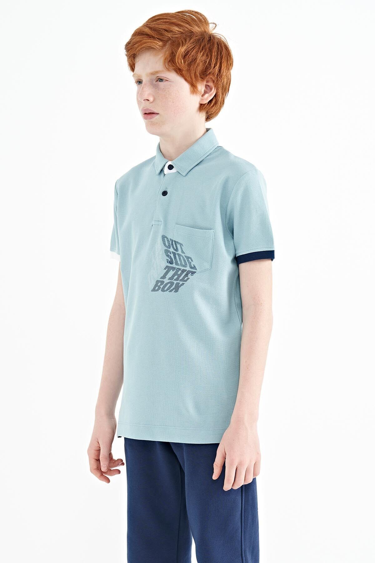 TOMMY LIFE-Light Blue Front Pocket Detailed Printed Standard Fit Polo Neck Boys' T-Shirt - 11102 3