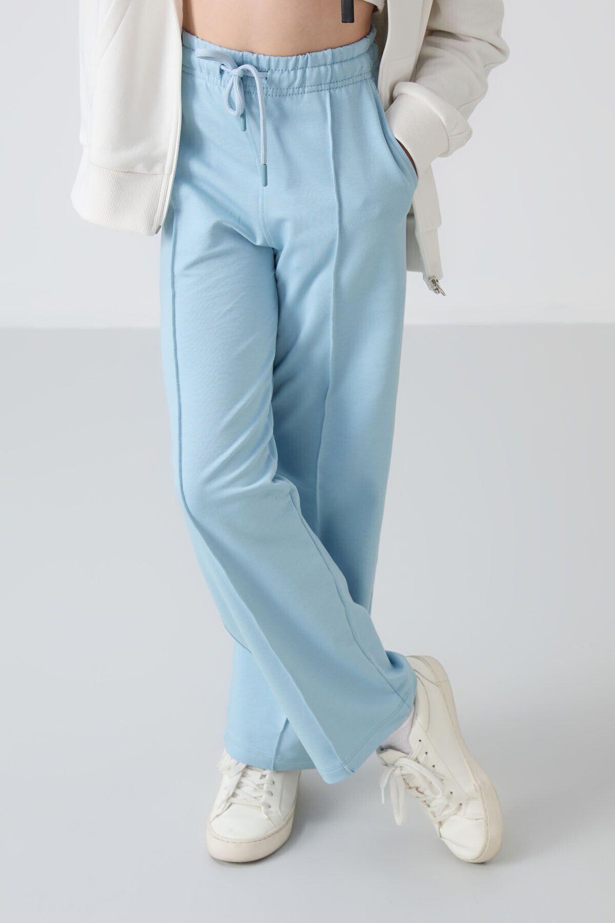 TOMMY LIFE-Light Blue Girl's Sweatpants with Wide Leg and Front Stitching Detail -75144 4