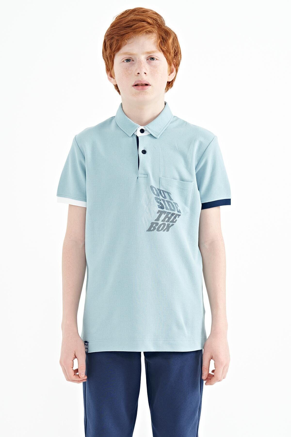 TOMMY LIFE-Light Blue Front Pocket Detailed Printed Standard Fit Polo Neck Boys' T-Shirt - 11102 1