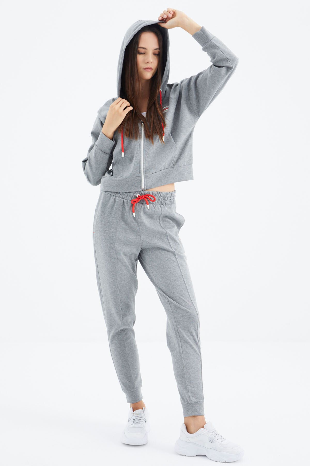 TOMMY LIFE-Oversize Gray Melange Women's Tracksuit Set - Hooded, Zippered and Pocket Detailed - 95322 3