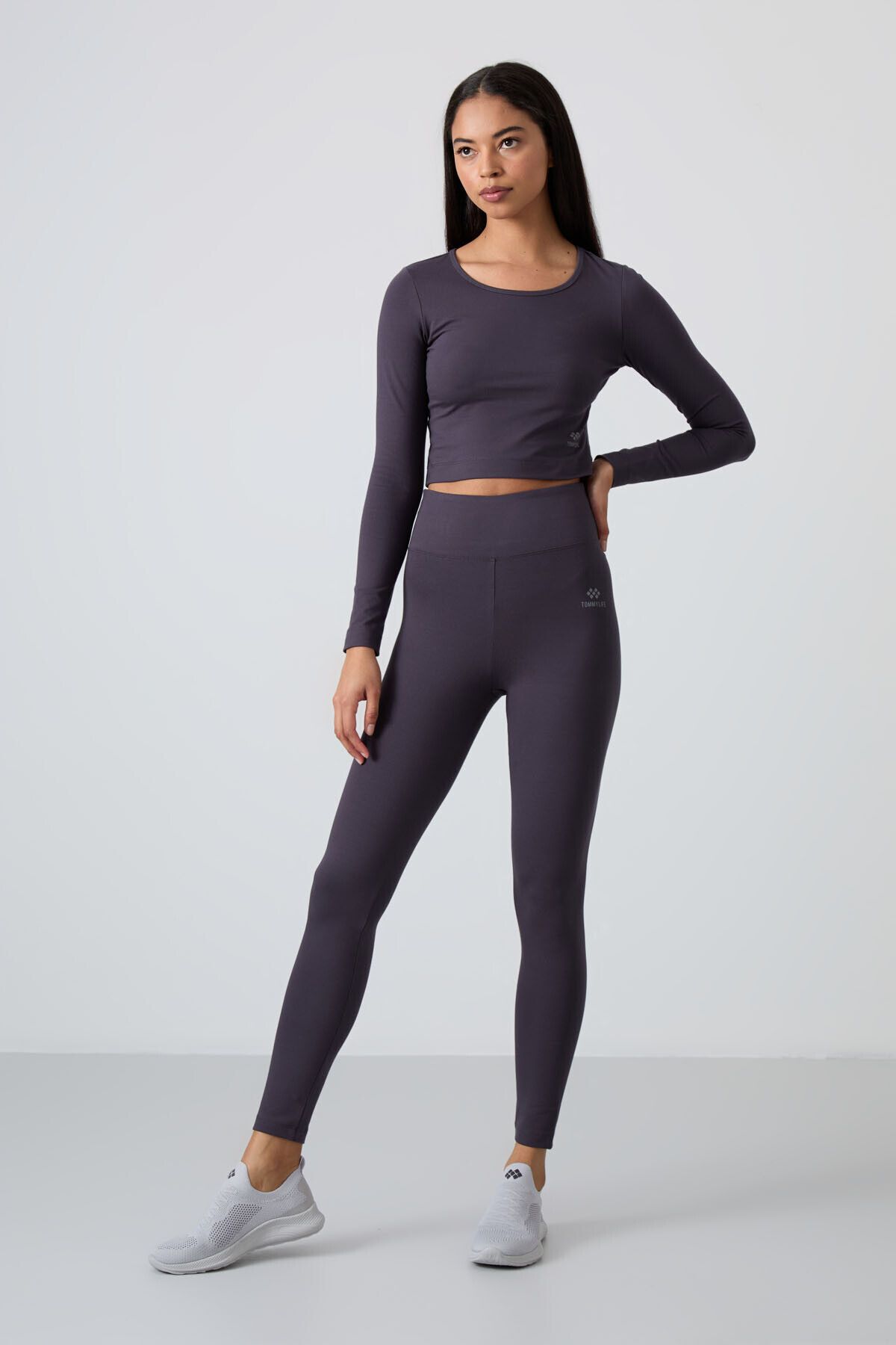 TOMMY LIFE-High Waist Anthracite Slim Fit Crop Top and Leggings Set - Long Sleeve - 95286 6